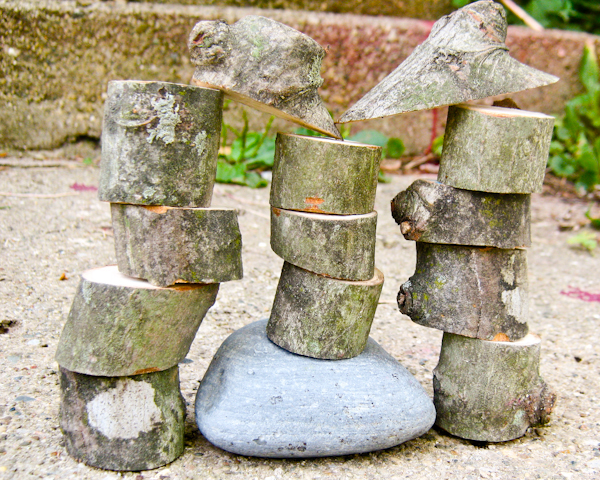 building blocks cut from fallen tree branches