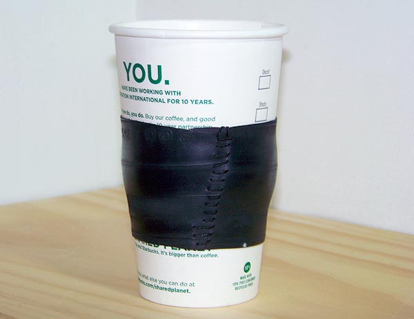 Coffee sleeve made from a blown out bike tire