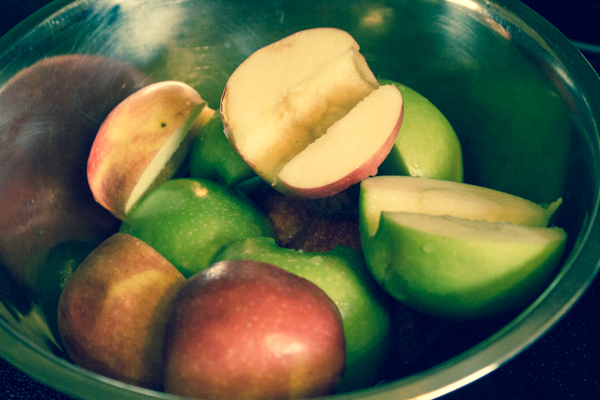 Core and halve apples, and dip the cut ends briefly into lemon juice.