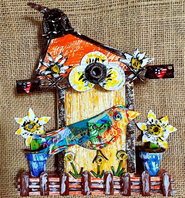 Mixed media artist Deane Bowers makes vibrant, cheerful upcycled folk art pieces from found objects.