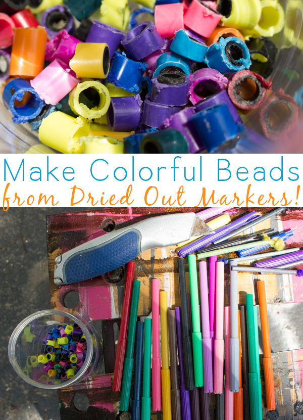 These colorful beads used to be dried out markers! Upcycled marker beads are easy to make, if a little messy.