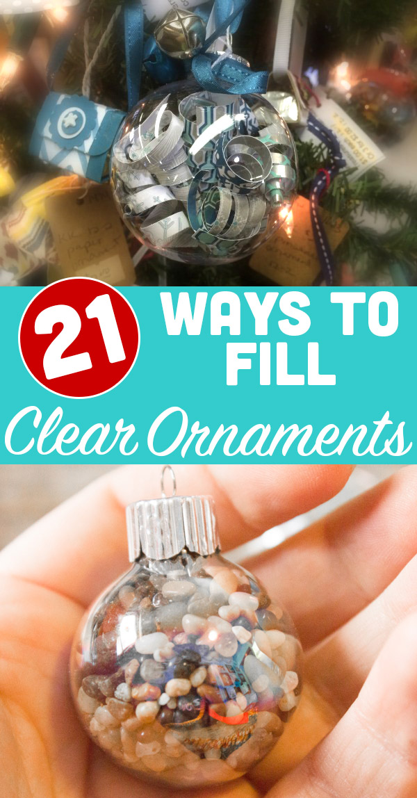These are some of my favorite ways to fill clear ornaments with recycled and found objects.
