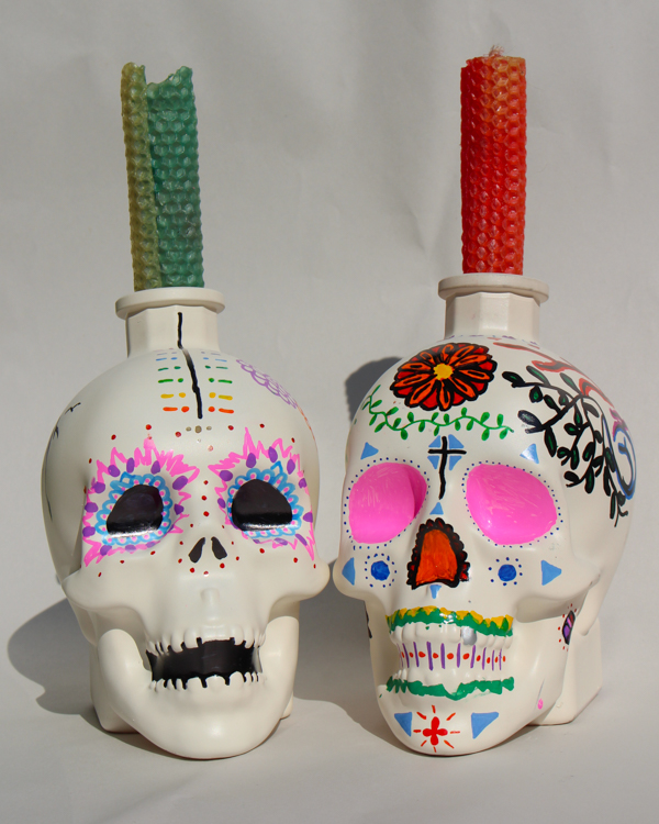 finished skull head bottle candle holder