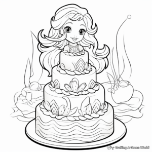 3-Tier Mermaid Cake Coloring Pages for Children 4