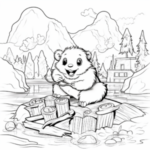 Action-Filled Beaver Building Dam Coloring Pages 1