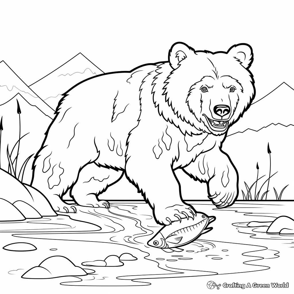 Action-filled Grizzly Bear Fishing Coloring Pages 1