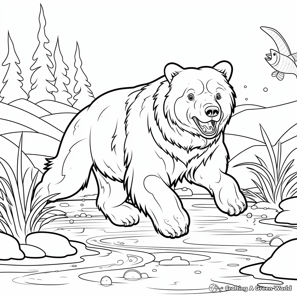Action-filled Grizzly Bear Fishing Coloring Pages 2