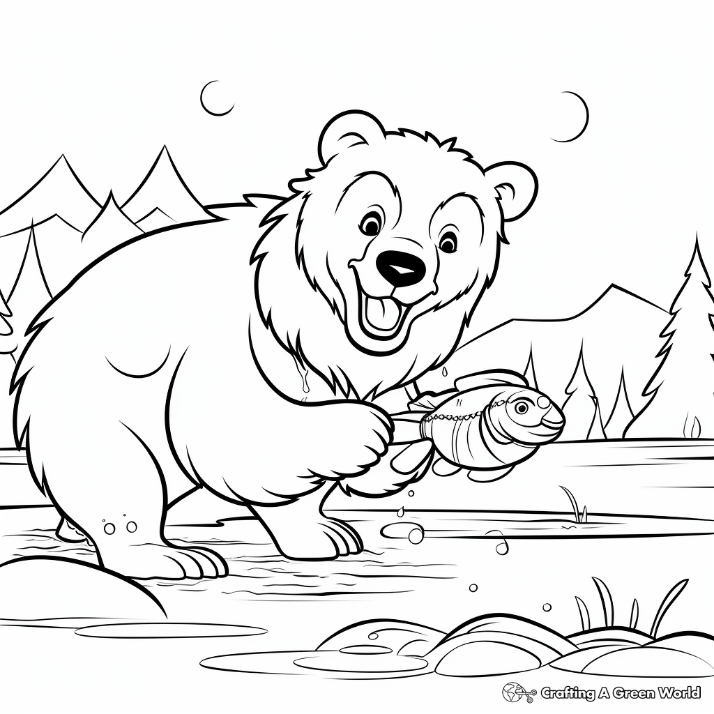 Action-filled Grizzly Bear Fishing Coloring Pages 4