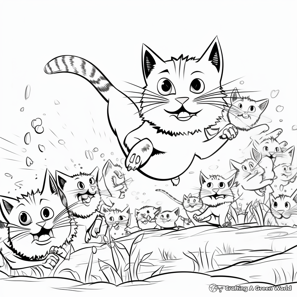Action-packed Cat Pack Chasing Mice Coloring Pages 2