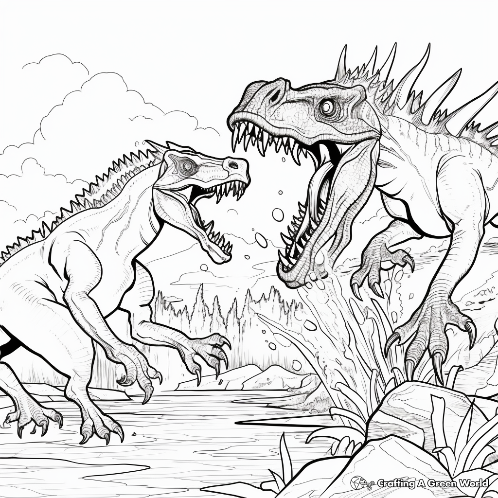 Action Packed Fight Scene Spinosaurus vs T-Rex Coloring Pages 1