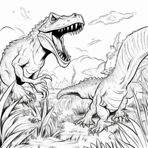 Action Packed Fight Scene Spinosaurus vs T-Rex Coloring Pages 2