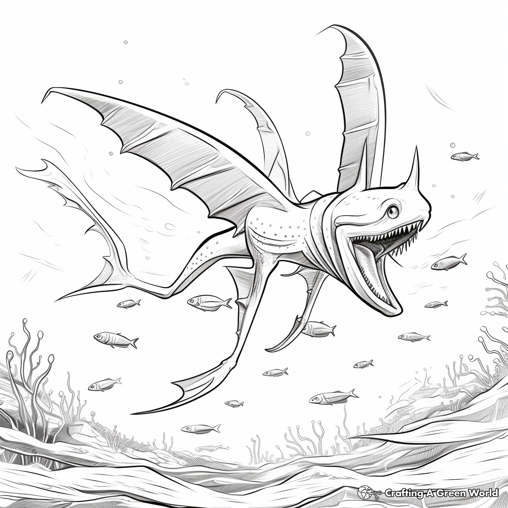 Action-Packed Pteranodon Hunting Eye-to-Eye with Fish Coloring Pages 1
