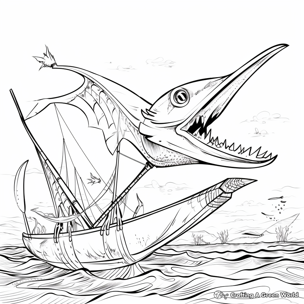 Action-Packed Pteranodon Hunting Eye-to-Eye with Fish Coloring Pages 2