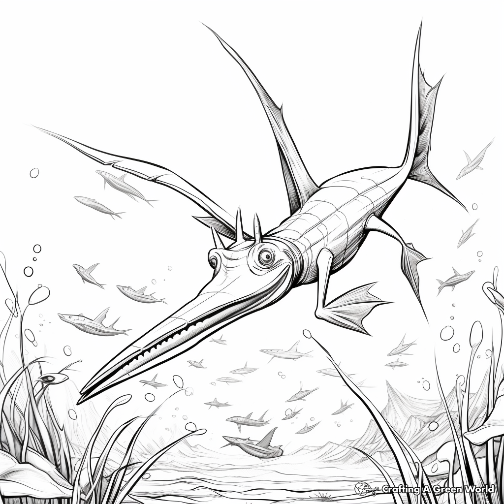 Action-Packed Pteranodon Hunting Eye-to-Eye with Fish Coloring Pages 3