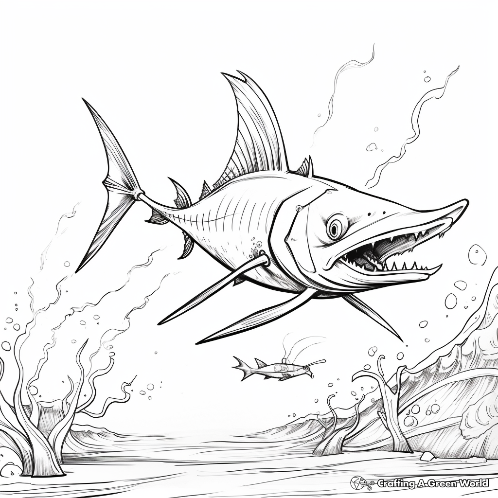 Action-Packed Swordfish Chasing Prey Coloring Pages 2