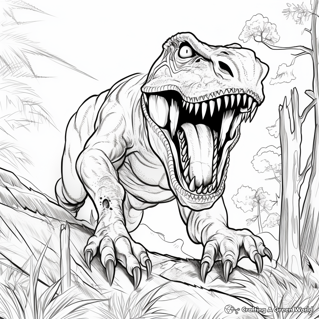 Action-Packed T Rex Hunting Scene Coloring Pages 3