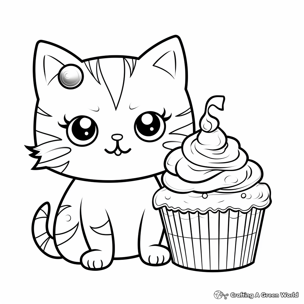 Adorable Cat and Cupcake Pair Coloring Pages 1