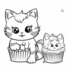 Adorable Cat and Cupcake Pair Coloring Pages 2