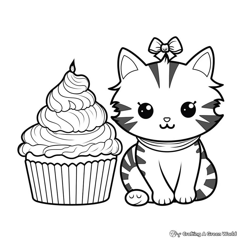 Adorable Cat and Cupcake Pair Coloring Pages 3