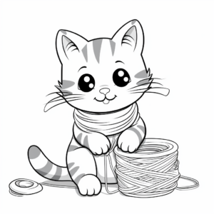 Adorable Cat and Yarn Coloring Pages 1