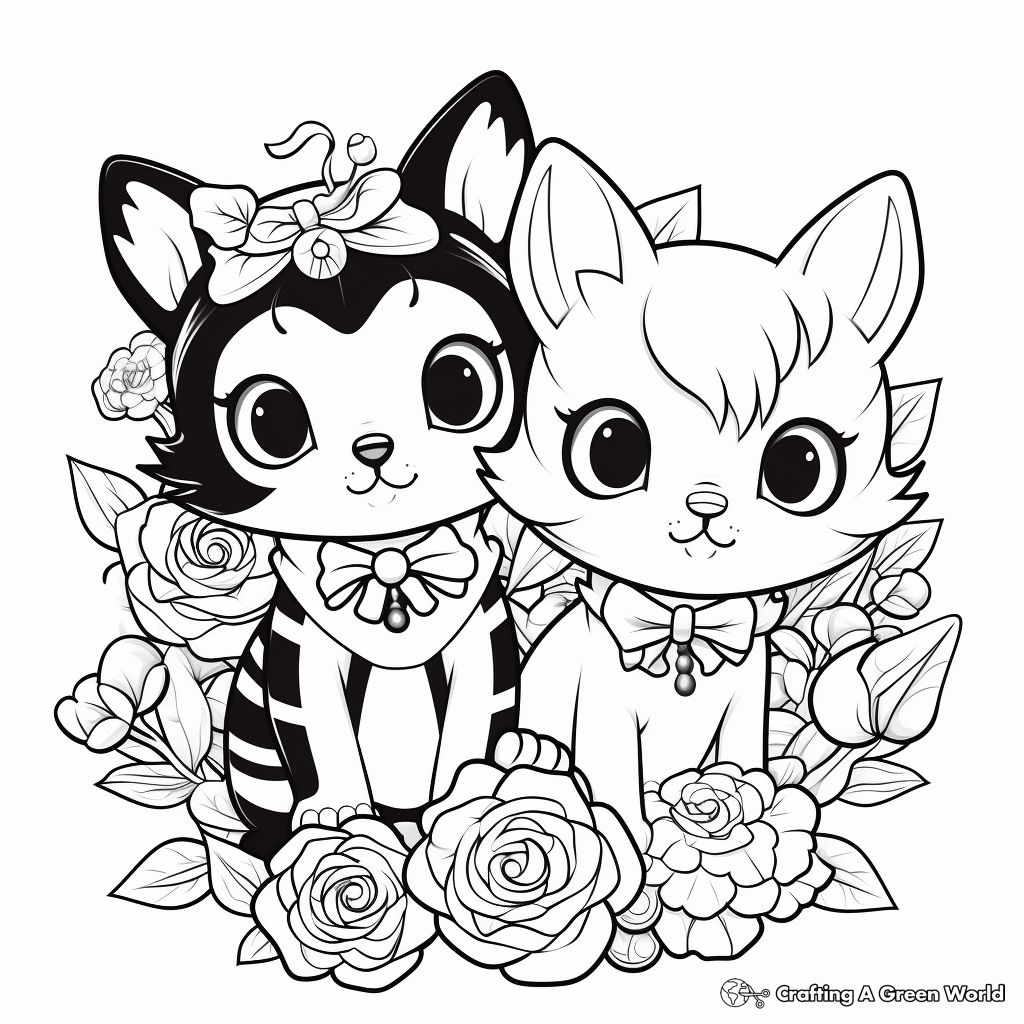 Adorable Kittens and Roses Coloring Pages 1