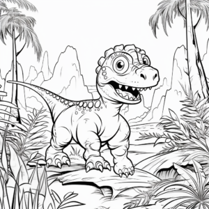 Adventure of Baby T-Rex: Jungle Scene Coloring Pages 1