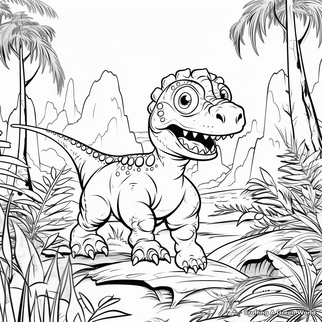 Adventure of Baby T-Rex: Jungle Scene Coloring Pages 1