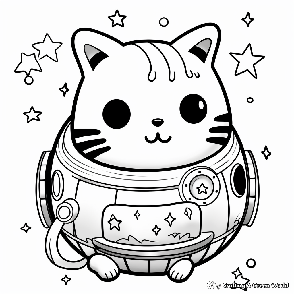 Adventurous Kawaii Cat in Space Coloring Pages 1