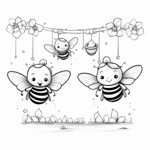 Adventurous Scene: Bees and Hanging Flowers Coloring Pages 1