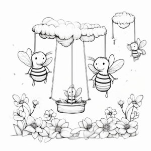 Adventurous Scene: Bees and Hanging Flowers Coloring Pages 2