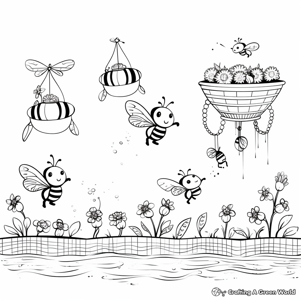 Adventurous Scene: Bees and Hanging Flowers Coloring Pages 3
