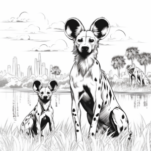 African Savannah Scene with Wild Dogs Coloring Pages 1