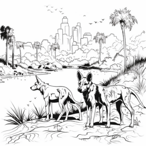 African Savannah Scene with Wild Dogs Coloring Pages 2