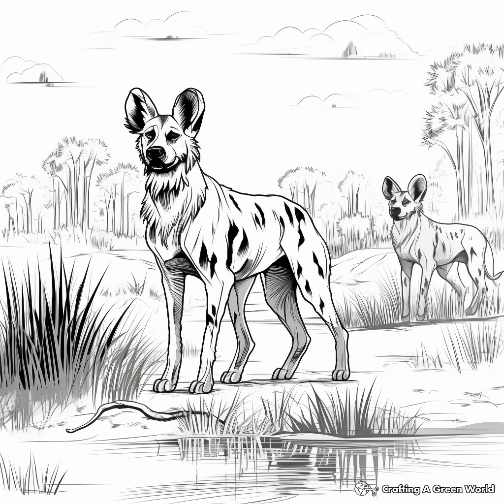African Savannah Scene with Wild Dogs Coloring Pages 3
