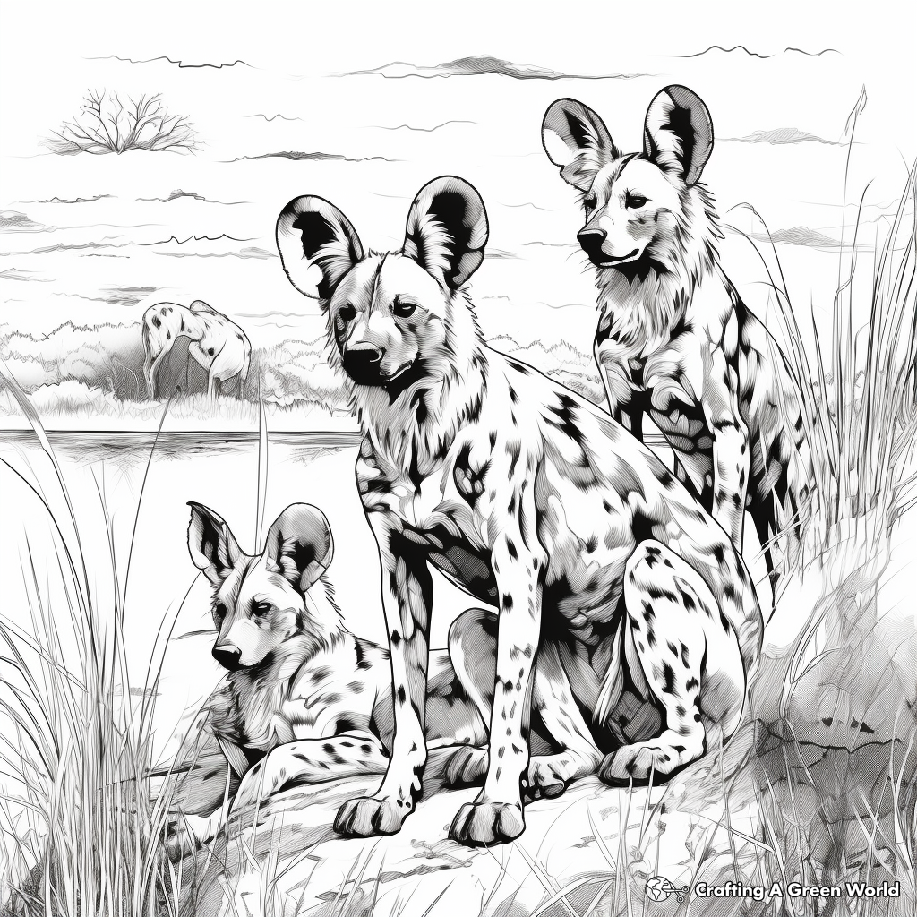 African Savannah Scene with Wild Dogs Coloring Pages 4