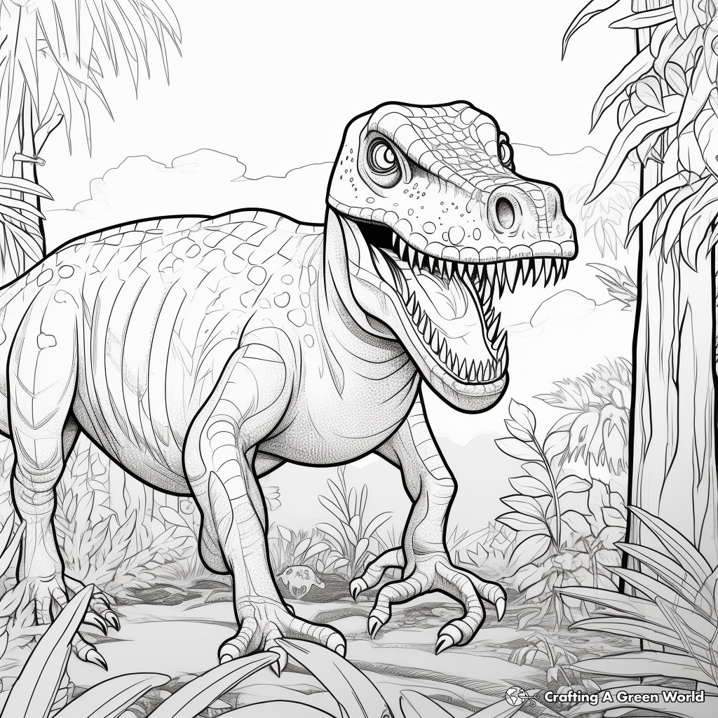 Allosaurus in the Jungle Scene Coloring Pages 1