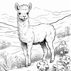 Alpaca in a Pasture: Nature Scene Coloring Pages 1