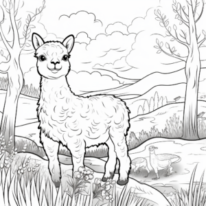 Alpaca in a Pasture: Nature Scene Coloring Pages 2