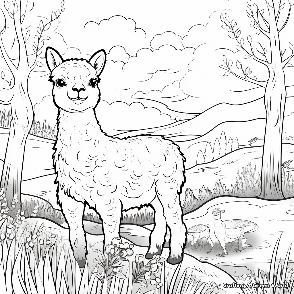 Alpaca in a Pasture: Nature Scene Coloring Pages 2