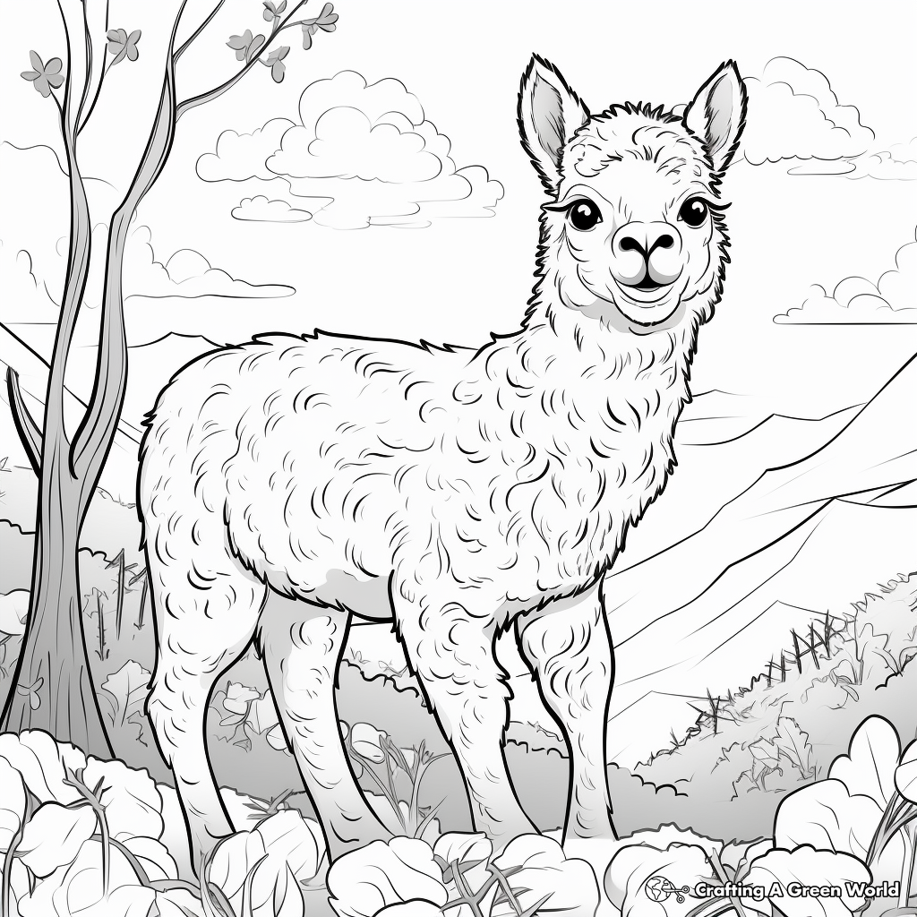 Alpaca in a Pasture: Nature Scene Coloring Pages 3
