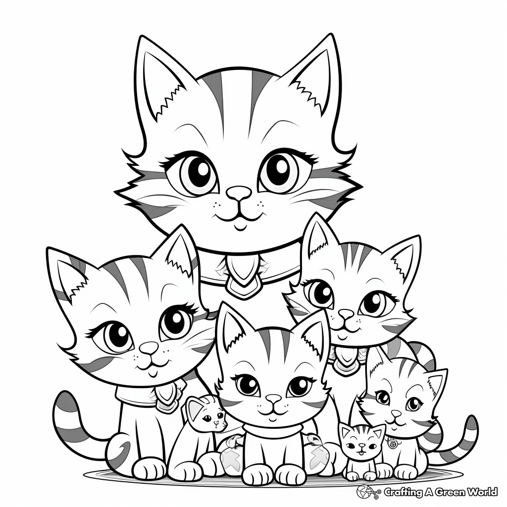 Angel Cat Family Coloring Pages: Mom, Dad, and Kittens 2