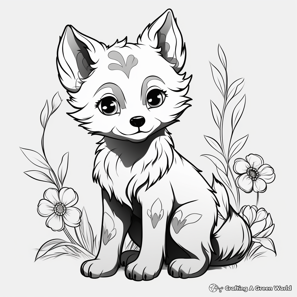 Anime Wolf Pup and Flowers Coloring Pages 3