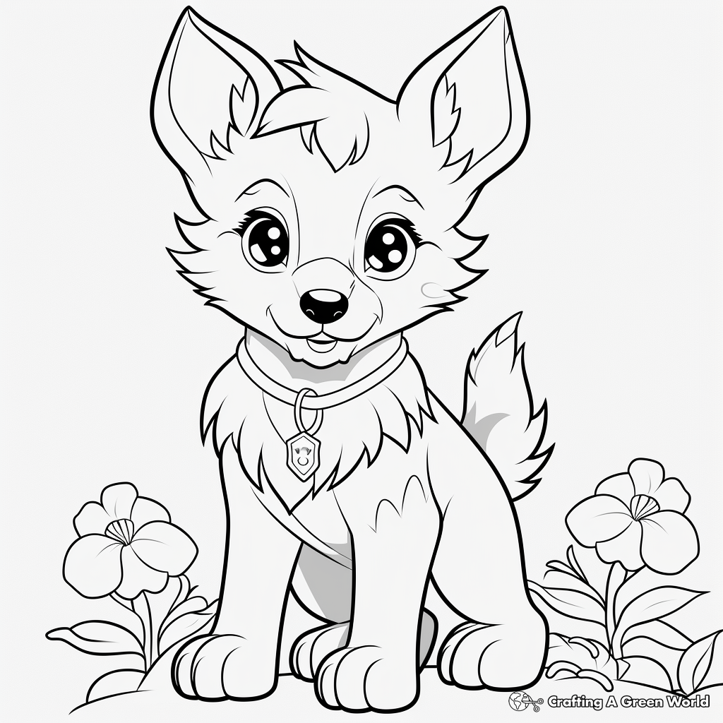 Anime Wolf Pup and Flowers Coloring Pages 4