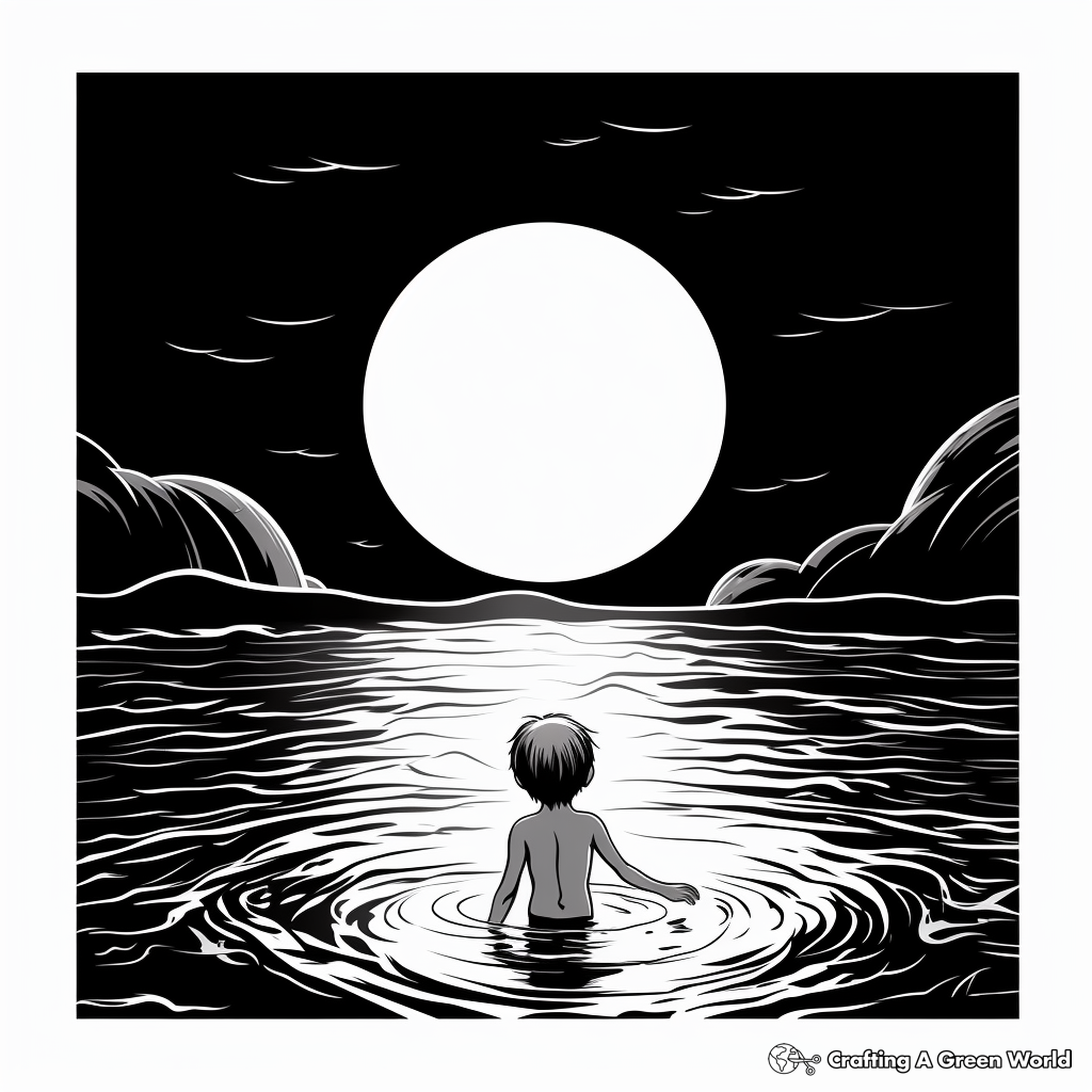 Artistic Full Moon Reflected on Ocean Coloring Pages 2