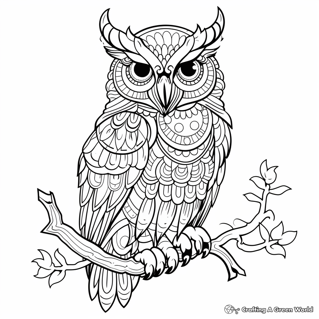 Artistic Intricate Great Horned Owl Coloring Pages 3