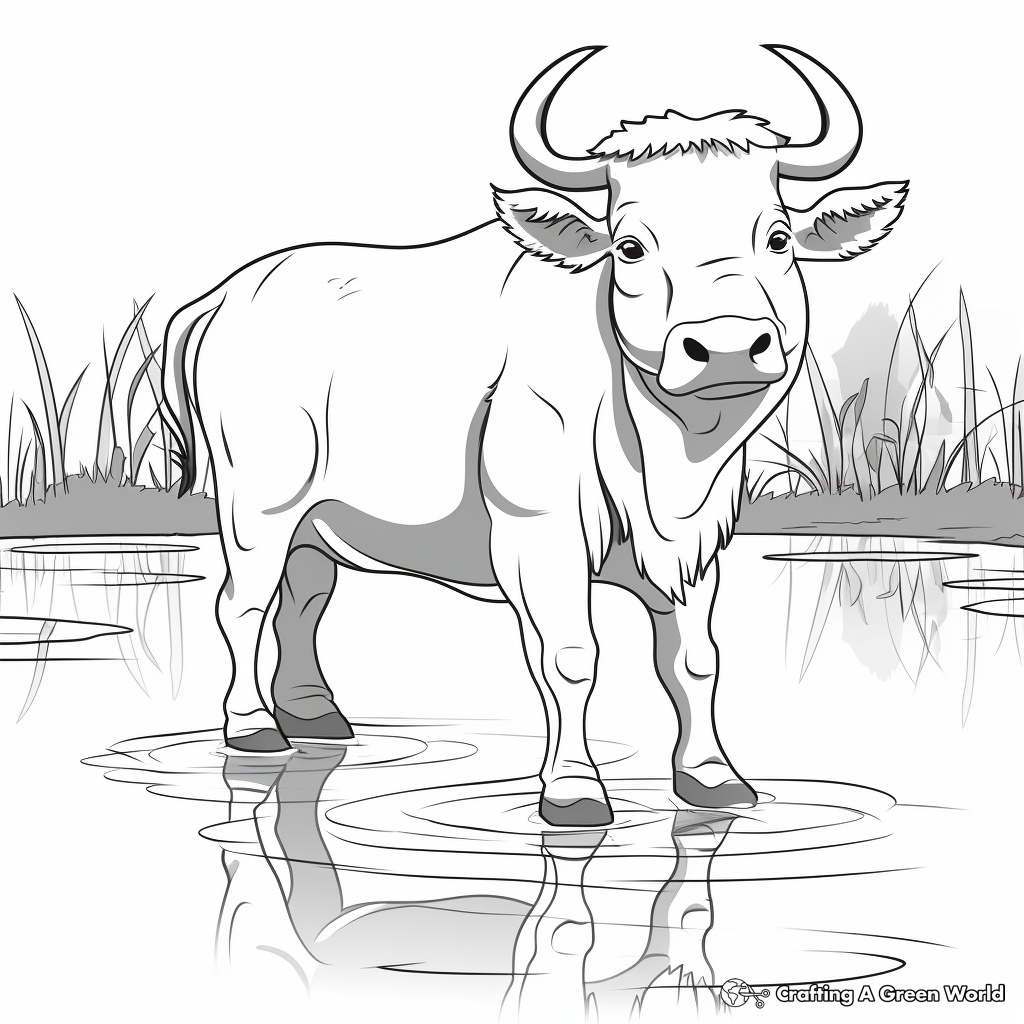 Asian Water Buffalo at the Pond Coloring Pages 1