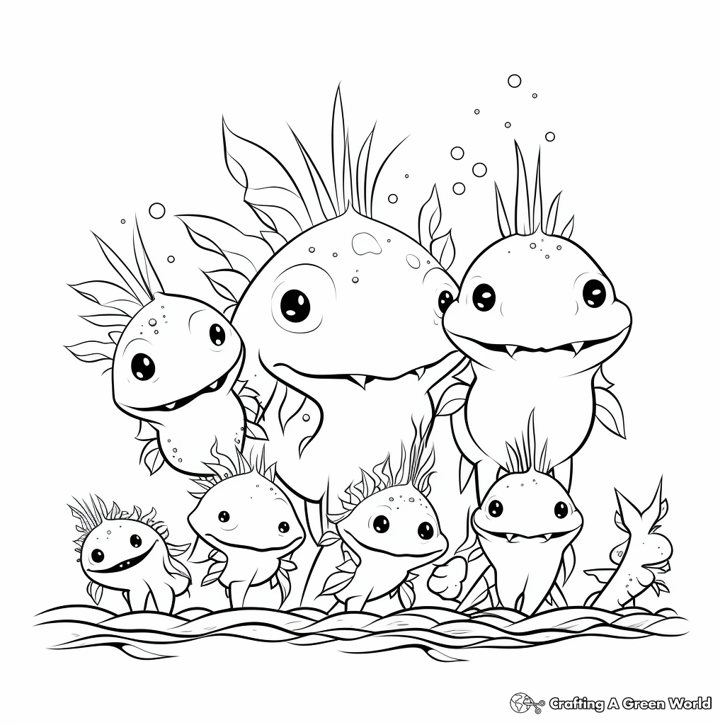 Axolotl Family Coloring Pages: Parents and babies 1