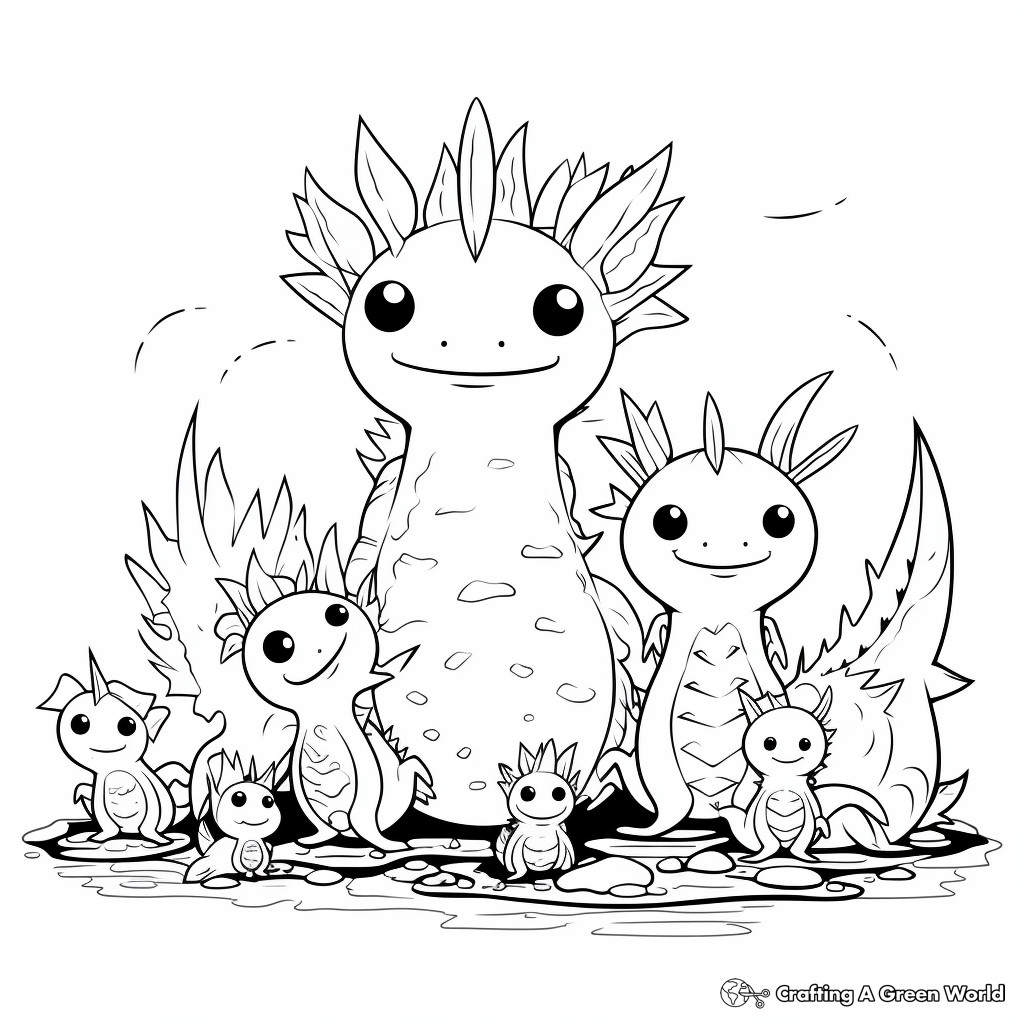 Axolotl Family Coloring Pages: Parents and babies 2