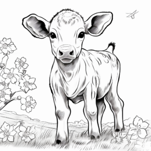 Baby Cow in Spring: Blossom Scenery Coloring Pages 1