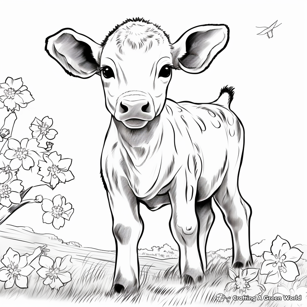 Baby Cow in Spring: Blossom Scenery Coloring Pages 1